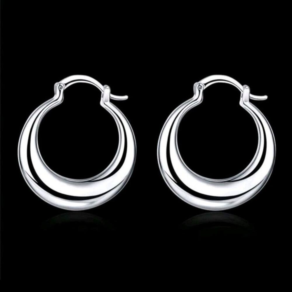 925 Silver Plated Crescent Hoop Earrings 1 in Flat Polished Design Valentines